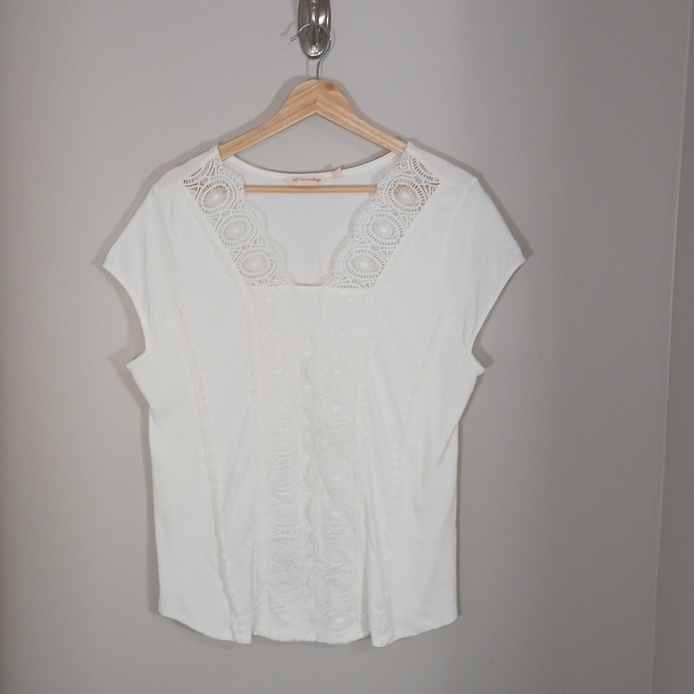 Soft Surroundings Lace Trim Top Womens L White Boho Short Sleeve Cotton Blouse